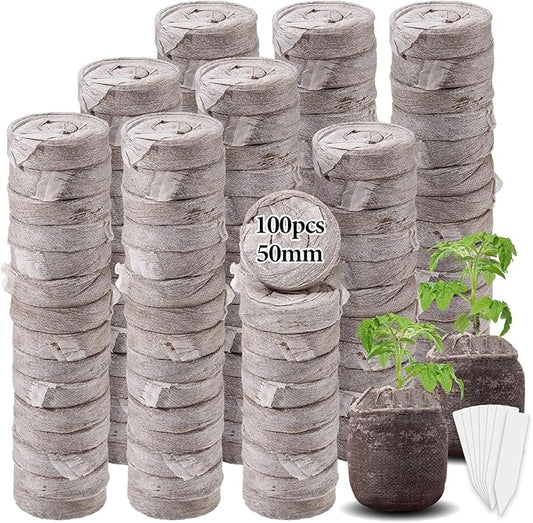 100pcs 50mm Peat Pellet, Plant Starting Plugs, Compressed Garden Soil Block with Labels, Plant Pods Bulk for Seedling Transplanting Herb Flower Vegetables