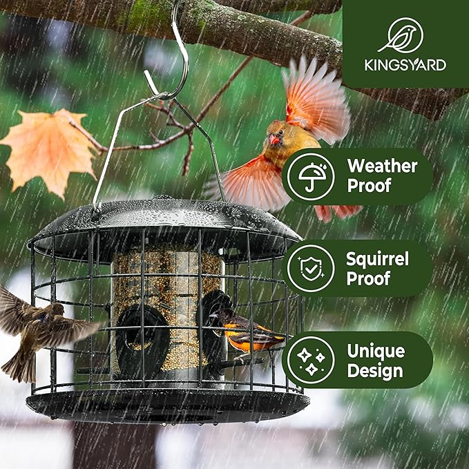Kingsyard Mesh Caged Bird Feeders for Outdoor Hanging, Tube Squirrel Proof Bird Feeders with Tray for Small Birds Finches Bluebird, Rain Proof Covered, 4 Feeding Ports, Black