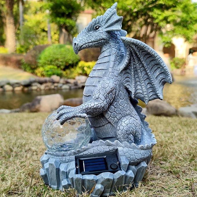 Solar Dragon Garden Statues Outdoor Decor, Resin Dragon Figurine with Solar Crackle Globe LED Lights Lawn Patio Balcony Art Decoration,Housewarming Gifts and Yard Ornament