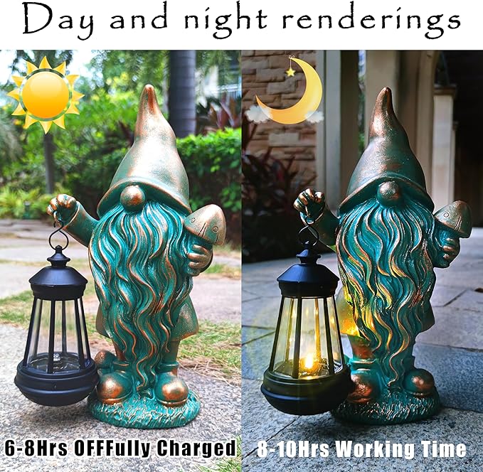 Gnomes Garden Statue Outdoor Décor with Solar Lights Lantern,Gnome Solar Light Figurines Outside Decorations for Yard,Lawn Patio, Balcony, Unique Housewarming Gifts