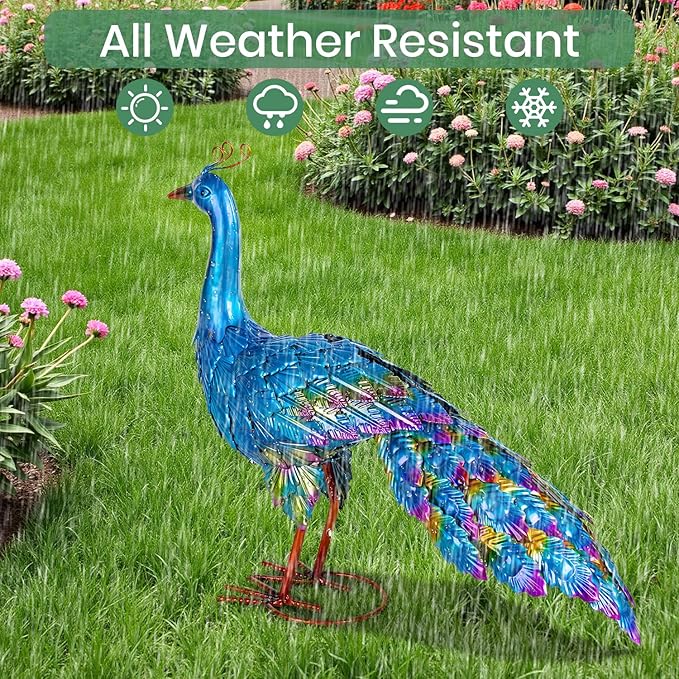 Peacock Yard Art Garden Decor Metal Peacock Outdoor Statue & Sculpture for Patio Lawn Backyard Decorations Vibrant Multicolor, Blue