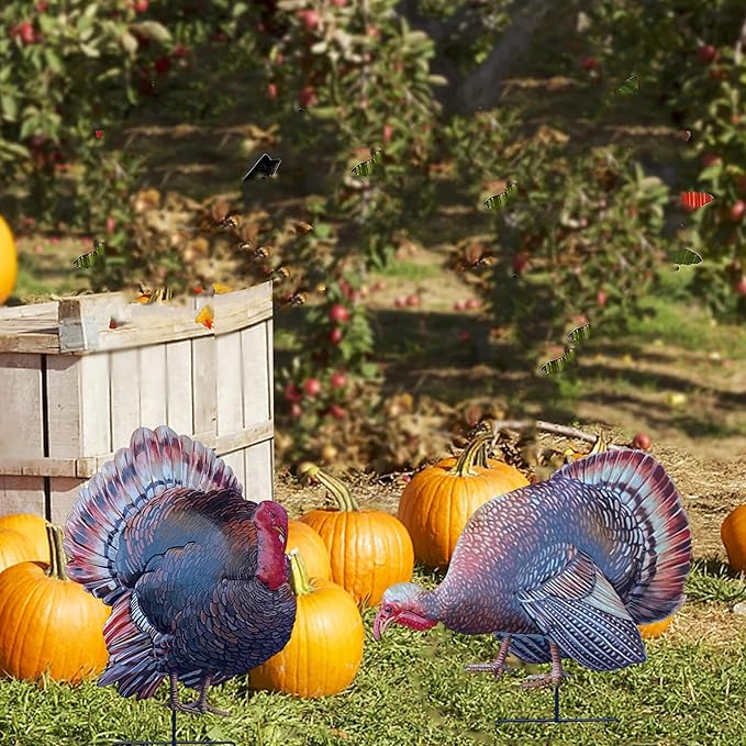 Turkey Metal Garden Stakes Outdoor Decorative Sculptures Holiday Yard Art Fall Thanksgiving Decor for Outdoor Holiday Party Garden Yard Lawn Decor, 2 Pack