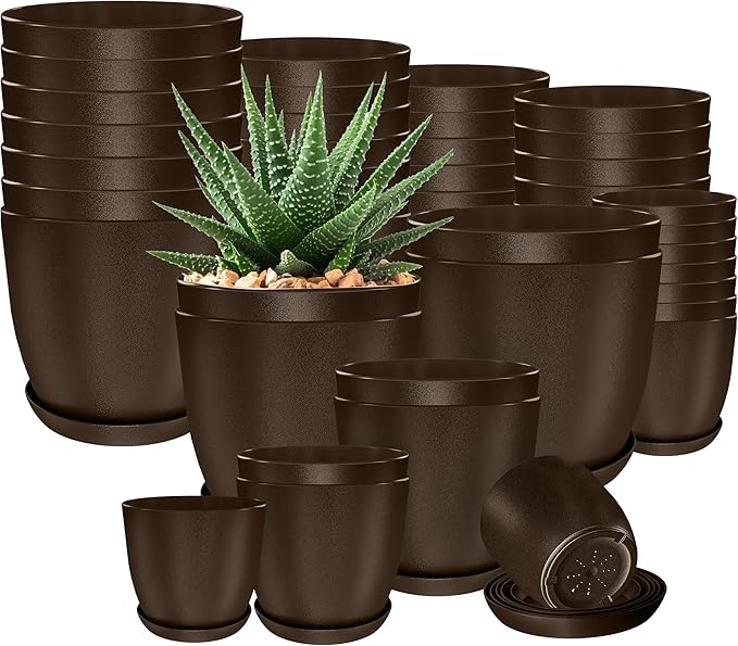 Utopia Home - Plant Pots Indoor with Drainage - 7/6.6/6/5.3/4.8 Inches Home Decor Flower Pots for Indoor Planter - Pack of 40 Plastic Planters for Indoor Plants, Cactus, Succulents Pot - Brown