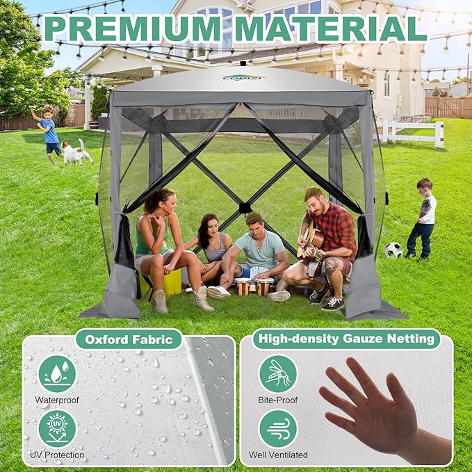 COBIZI 6x6 Pop up Gazebo Tent on Clearance, Ez up Waterproof Screen Tent Screen House with 3 sidewalls,Portable Outdoor Canopy with Carry Bag & Ground Stakes for Camping,Garden and Picnics, Grey