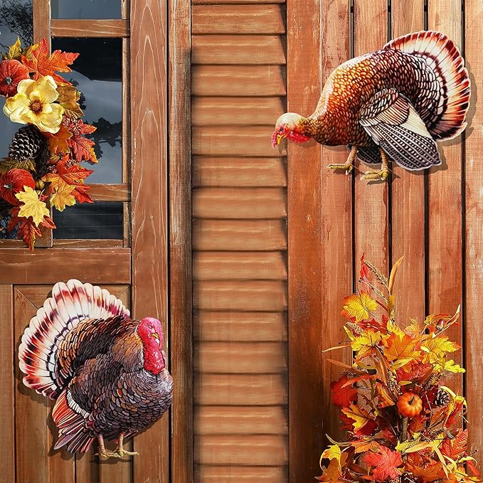 A Set of Metal Turkey Garden Wooden Stakes, 2 Outdoor Thanksgiving Yard Decorations, Colorful Turkey Garden Statues, Waterproof and Stable (Colorful Turkeys)