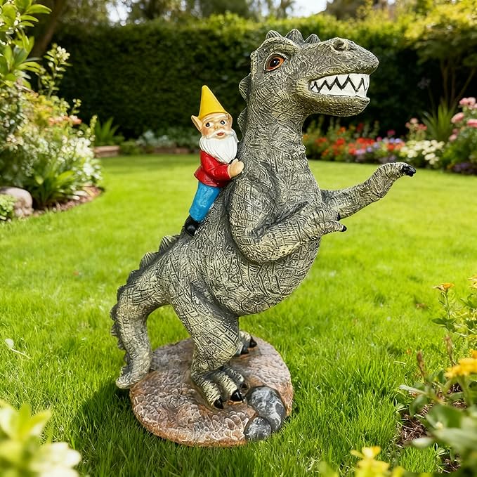Funny Garden Gnome Riding Dinosaur Statue - Resin Outdoor Decor for Yard,Patio,Lawn - Whimsical Dinosaur Sculpture Gift for Garden Lovers