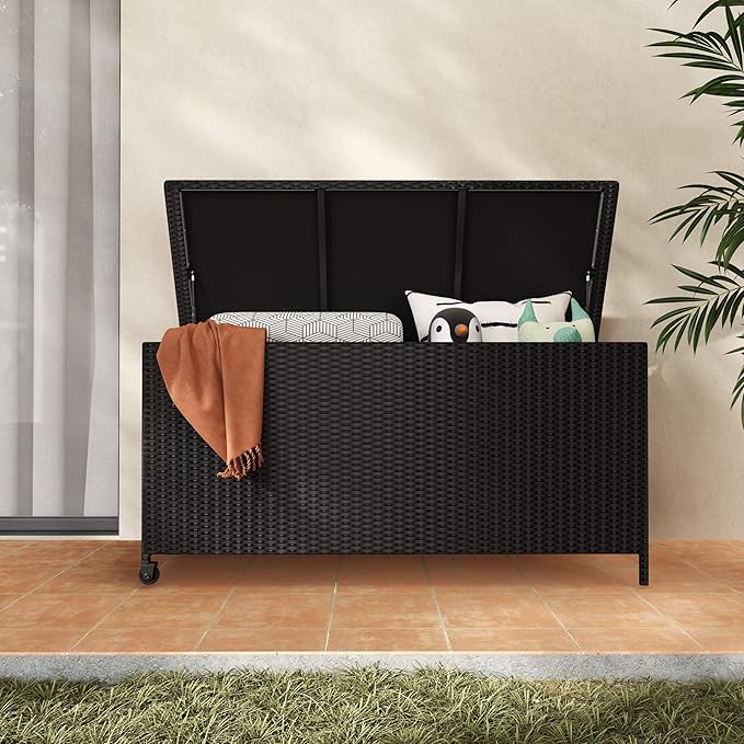 RELAX4LIFE 85-Gallon Deck Box with Wheels - Wicker Rattan Storage Bin Container w/Waterproof Liner & Gas Strut for Patio Cushions, Garden Tools, Pool Supplies, Indoor Outdoor Storage Box (Black)
