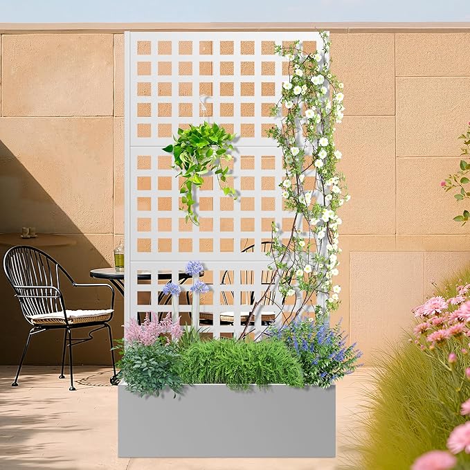Metal Planter Box with Trellis, Heavy-Duty Raised Garden Bed for Climbing Plants, Drainage Hole, Outdoor Planter Box with Privacy Screen,35''L×16''W×71''H