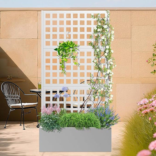 Metal Planter Box with Trellis, Heavy-Duty Raised Garden Bed for Climbing Plants, Drainage Hole, Outdoor Planter Box with Privacy Screen,35''L×16''W×71''H