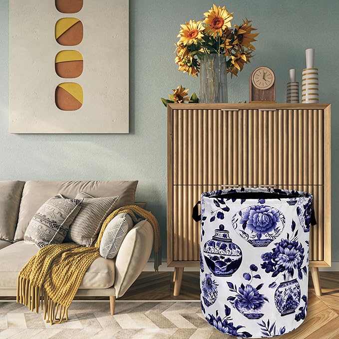 Blue White Floral Laundry Basket Foldable With Handles Vase Flower Tote Bag Oxford Cloth Color Laundry Hamper Clothes Storage Bucket Toy Organizer For Bathroom/Laundry/Bedroom 18.9"x16.5 "