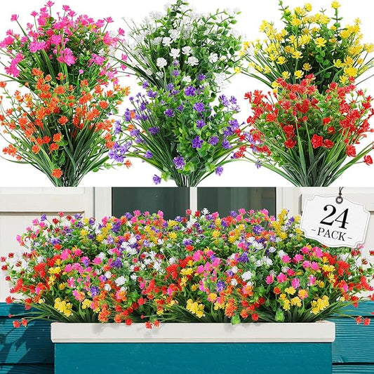 24 Bundles Artificial Flowers Outdoor,No Fade Fake Plastic Flowers Faux Plants for Decoration Hanging Planters Indoor Outside Garden Porch Window Box Home Farmhouse Wedding