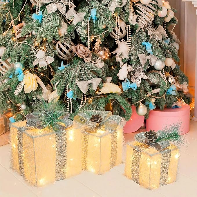 Set of 3 Christmas Lighted Gift Boxes, 60 LED Light Up Present Boxes for Christmas Decorations Indoor Outdoor Yard Xmas Tree Holiday Party Lawn Porch Home Decor (White)