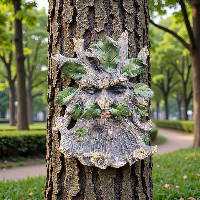 Whimsical Tree Face Garden Decoration ,Tree Faces Decor Outdoor Wallmounted Statue Art with Leaf Features, Outdoor Decor Garden Accessory (Home Decor)