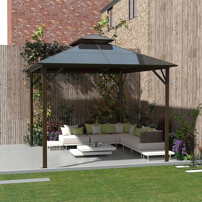 Kingdura Hardtop Gazebo 10'x10' with Double Polycarbonate Roof Canopy, Outdoor Gazebo with All-Weather Resistant Aluminum Frame Permanent Pavilion, UV Blocking for Patio Lawn Garden