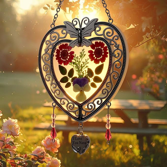 KY&BOSAM Heart Suncatchers I Love You Nana Tree of Life Stained Glass Panels Hangings for Windows Wind Chime Home Garden Outside Decor with Pressed Real Flower Heart in Glass Birthday Gifts for Women