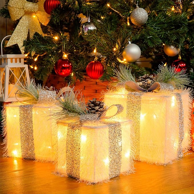 Set of 3 Christmas Lighted Gift Boxes, 60 LED Light Up Present Boxes for Christmas Decorations Indoor Outdoor Yard Xmas Tree Holiday Party Lawn Porch Home Decor (White)
