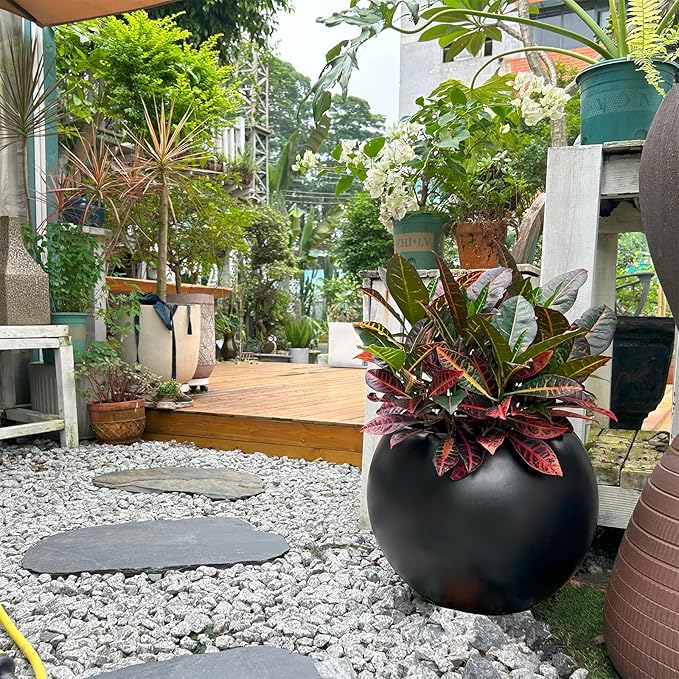 13.5 H x 17" Dia (12" Pot Opening) Round Fiberstone Planter with Drainage Hole, Black, Indoor/Outdoor Large Plant Pot for Home Patio Garden, Ideal for Large Plants