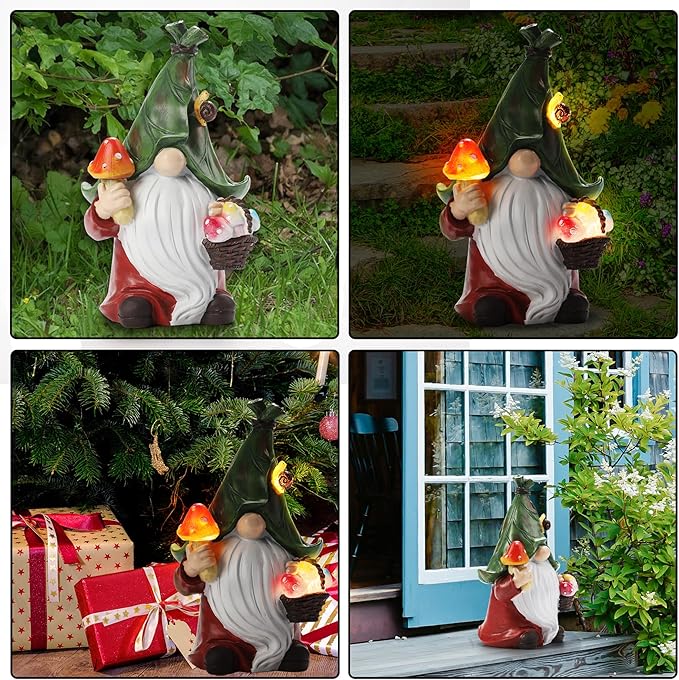 Gnome Solar Garden Statue with 3 LED Lights, Mushroom-Picking Gnome Statue Outdoor Decor for Patio, Yard, Balcony, Lawn Ornament, Unique Gift for Mom