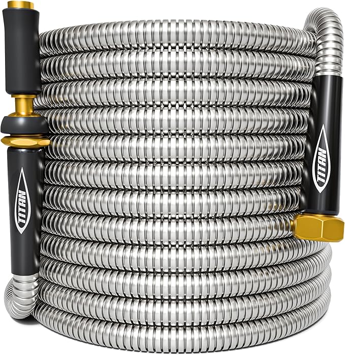 TITAN Garden Hose 150FT - 304 Stainless Steel Metal Water Hose, Flexible, Kink-Free, Lightweight, Durable Crush Resistant Fittings, Easy to Coil, 500 PSI
