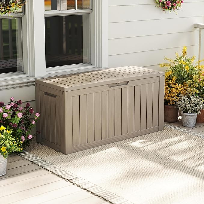 EasyUp 90 Gallon Outdoor Storage Box, Resin Waterproof UV-Resistant Deck Box, Reinforced Stability for Patio, Garden, and Poolside, Striped Gray