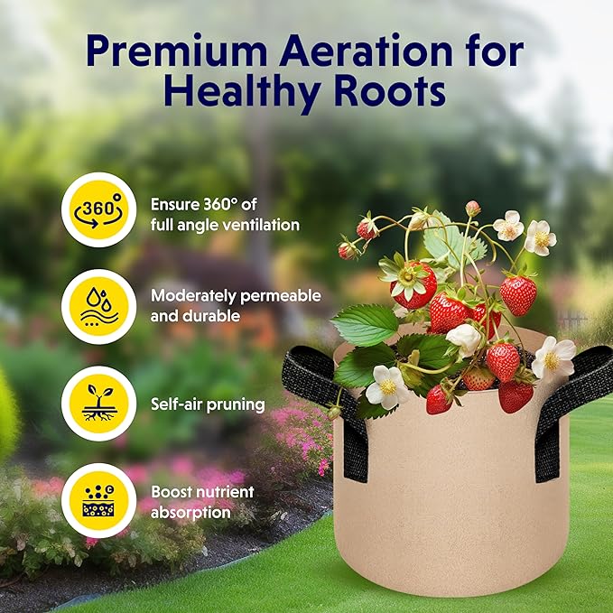 iPower 5-Pack 2 Gallon Plant Grow Bags Thickened Nonwoven Aeration Fabric Pots Heavy Duty Durable Container, Strap Handles for Garden, Tan