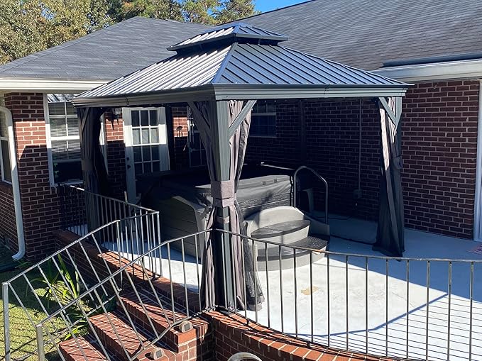Domi 10'x12' Hardtop Gazebo Canopy,Outdoor Aluminum Gazebo with Galvanized Steel Double Roof,Curtain and Netting Included,Grey