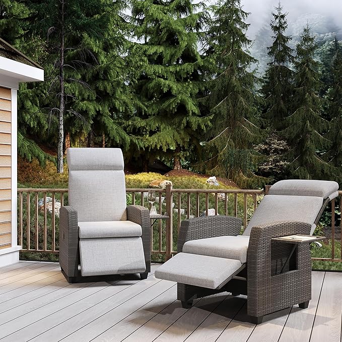 Indoor Outdoor Wicker Recliner Chair with Flip-Up Table Air Pump 155° Lay Flat, Adjustable Wicker Lounge Recliner Chair with Independently Backrest and Footrest