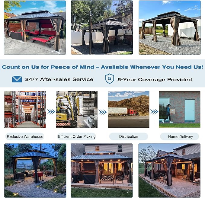 Domi 12' x 20' Hardtop Gazebo Permanent Metal Gazebo with Galvanized Steel Double Roof, Curtains and Netting for Party, Wedding, Outdoor Dining, Patio, Backyard, Brown