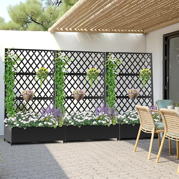 Metal Planter Box with Trellis, Heavy-Duty Raised Garden Bed for Climbing Plants, Drainage Hole, Outdoor Planter Box with Privacy Screen,47''L×16''W×71''H