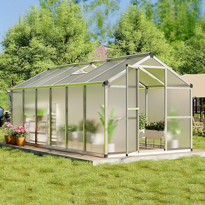 Greenhouse, Greenhouse for Outdoors, Polycarbonate Greenhouses with Quick Setup, Aluminum Frame and Roof Vent, Lockable Door for Backyard, Green Houses for Outside Garden Backyard, Patio
