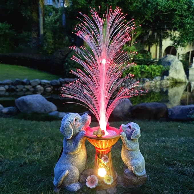 Solar Dog Statues Garden Decor with LED Lights -Resin Dogs Figurines Lights and Colour Changing Fiber Optical Light, Outdoor Decorations for Patio Yard Lawn Ornaments-Gifts for Housewarming