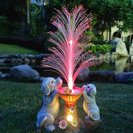 Solar Dog Statues Garden Decor with LED Lights -Resin Dogs Figurines Lights and Colour Changing Fiber Optical Light, Outdoor Decorations for Patio Yard Lawn Ornaments-Gifts for Housewarming