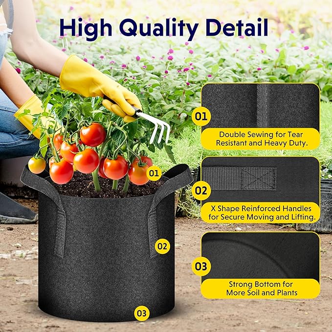 iPower 5 Pack 7 Gallon Plant Grow Bags, Thickened Nonwoven Aeration Fabric Pots Heavy Duty Durable Container, Strap Handles for Garden, Black