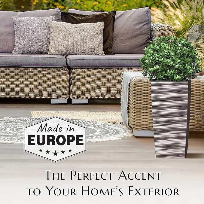 Mueller M-Resin Heavy Duty Tall Planter, Indoor/Outdoor Grande Plant, Tree, Flower Pot, 2-Piece Set, 27.5”, Modern Design, Built-in Drainage, Mocha