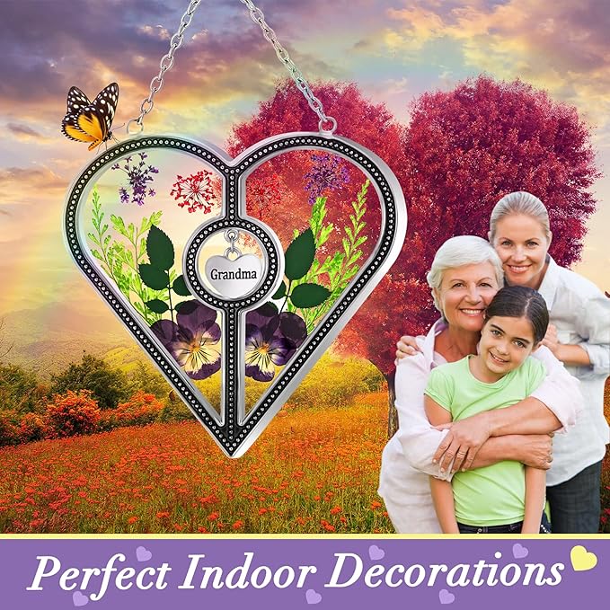 KY&BOSAM Heart Suncatcher Grandma Stained Glass for Windows Hangings Ornament Wind Chimes with Pressed Real Flower Heart Embedded in Glass Birthday Gifts for Women Grandma Mother`s Day Christmas Decor