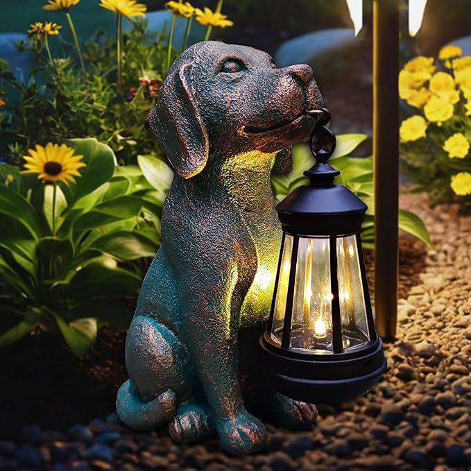 Dog Garden Statue Outdoor Décor with Solar Lights Lantern,Dog Solar Light Figurines Outside Decorations for Yard,Lawn ,Patio, Balcony, Unique Housewarming Gifts