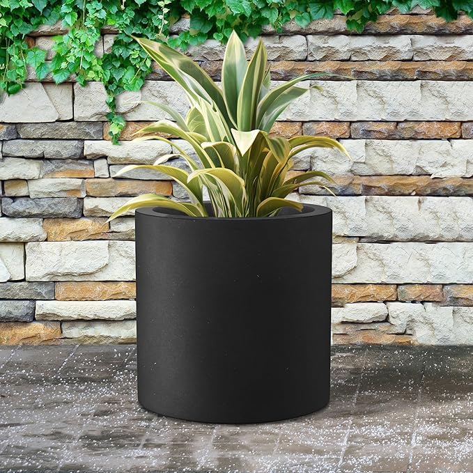 Kante 15.7" Dia Round Concrete Planter, Modern Style Large Cylindrical Plant Pot with Drainage Hole and Rubber Plug for Indoor Outdoor Patio, Black