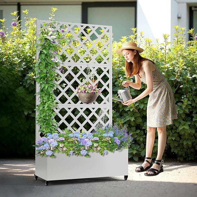 Metal Planter Box with Trellis, Heavy-Duty Raised Garden Bed for Climbing Plants, Drainage Hole, Outdoor Planter Box with Privacy Screen,35''L×16''W×71''H