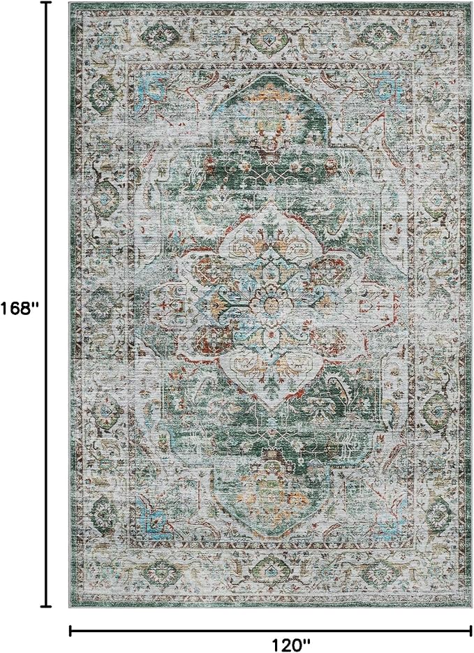 10x14 Area Rugs,Ultra-Thin Washable Rugs for Living Room,Non-Slip Lightweight Foldable Area Rug,Stain Resistant Vintage Large Rugs (Green,10'x14')