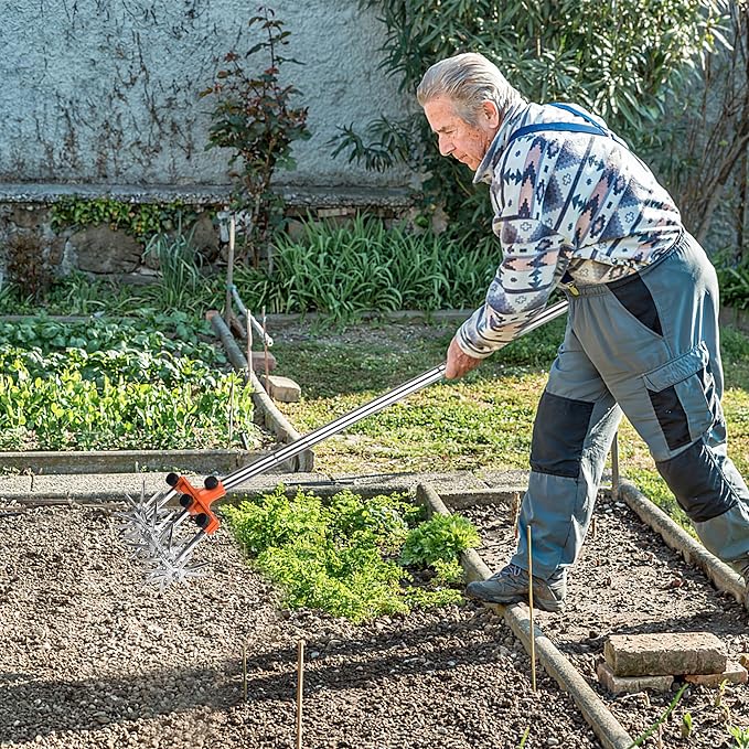 Rotary Cultivator Garden Rotary Tiller Adjustable Stainless Steel Poles Hand Tiller for Soil Mixing or Reseeding Grass Lawn Tiller Total Length 57 Inch.