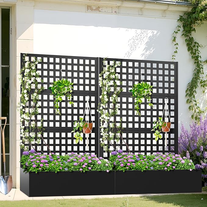 Metal Planter Box with Trellis, Heavy-Duty Raised Garden Bed for Climbing Plants, Drainage Hole, Outdoor Planter Box with Privacy Screen,47''L×16''W×71''H