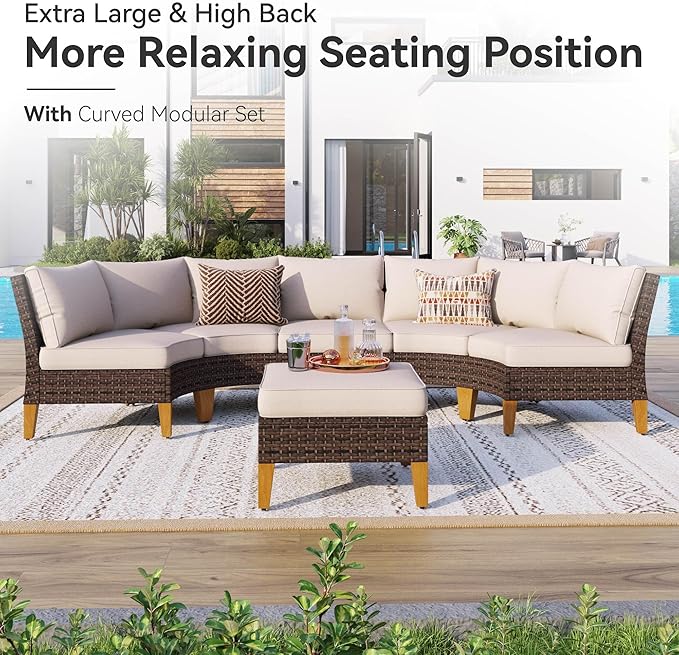 GREEN PARTY 11 Pieces Wicker Patio Furniture Set, All-Weather Outdoor Rattan Half-Moon Curved Patio Sectional Sofa Conversation Set 11 Seats for Garden, Backyard, 2 x Ottomans