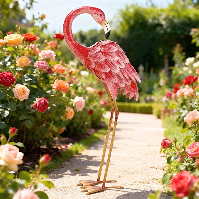 Shorayn Garden Statues Flamingo Sculptures Metal Yard Art, Pink Bird Art Outdoor Backyard Decor Patio Lawn Porch Ornament Flamingo Yard Decoration