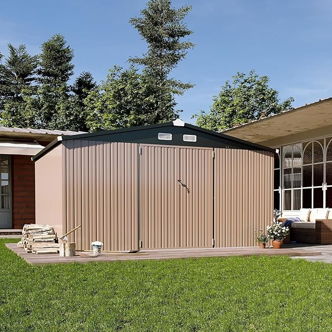Aoxun 12x10 FT Shed Outdoor Storage Shed with Large Doors & Galvanized Steel, Large Shed Steel Utility Tool Shed Storage House with Door & Lock, for Patio Lawn Garden Sand, Brown