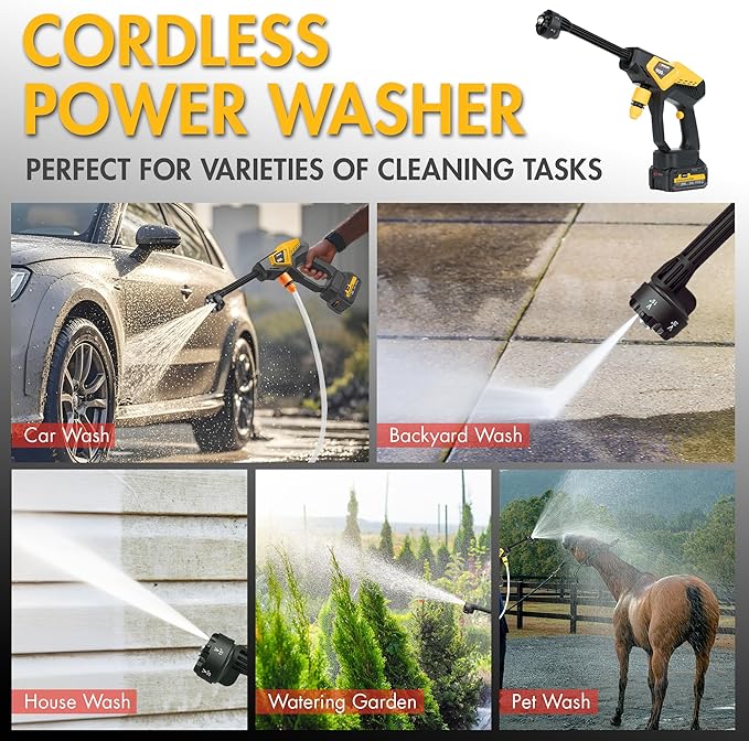Wagan EL6312 Cordless Power Pressure Washer with 6-in-1 Long Nozzle 970PSI Portable Power Washer with 2 Rechargeable 3.0Ah Batteries Using for Car, Garden, Floor Cleaning