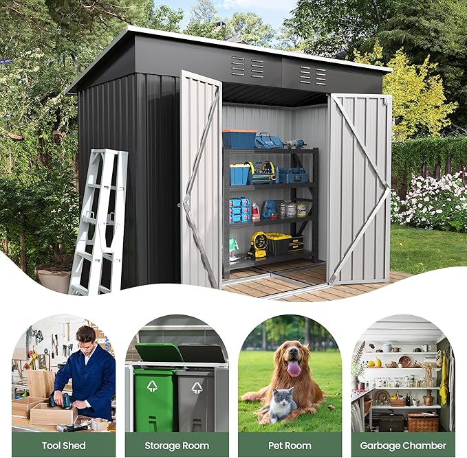 Amopatio 8x4 Storage Shed, Metal Sheds & Outdoor Storage for Bike, Garden Tools, with Lockable Door