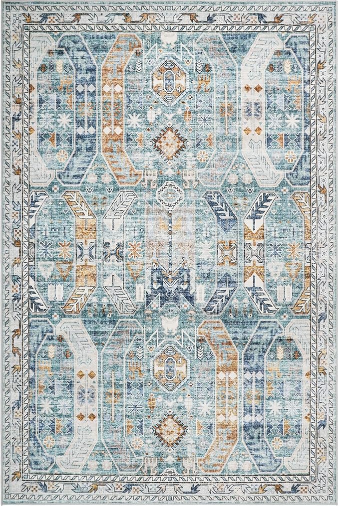 10x14 Area Rugs,Ultra-Thin Washable Rugs for Living Room,Non-Slip Lightweight Foldable Area Rug,Stain Resistant Vintage Large Rugs(Blue/Gold,10'x14')