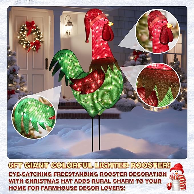 VEIKOU 6FT Christmas Decorations Outside Rooster, Outdoor 3D Light-up Chicken Hen Roster Christmas Decorations Outdoor for Yard Xmas Lawn Porch Holiday