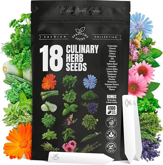 18 Culinary Seeds Variety Pack - Herb Garden Starter Kit with Plant Markers | 4100+ Non-GMO Heirloom Herb Seeds for Indoor, Outdoor Planting: Basil, Cilantro, Parsley, Oregano, Rosemary & Thyme Seeds