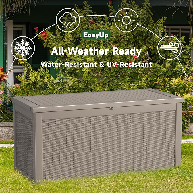 EasyUp 260 Gallon Outdoor Storage Box Waterproof, UV Resistant Resin Deck Box with Hydraulic Rod, Reinforced Stability for Patio, Garden, Rattan Gray